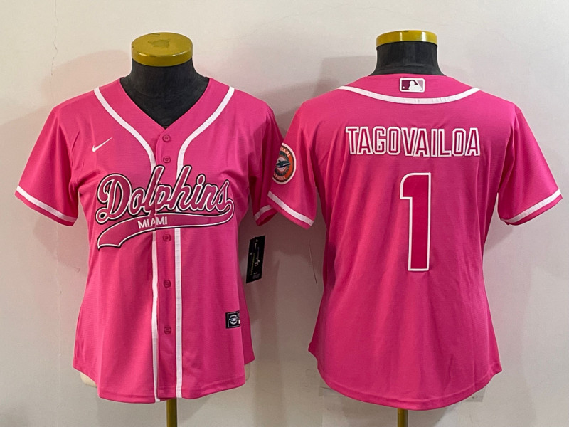 Women's Miami Dolphins #1 Tua Tagovailoa Pink With Patch Cool Base Stitched Baseball Jersey(Run Small)